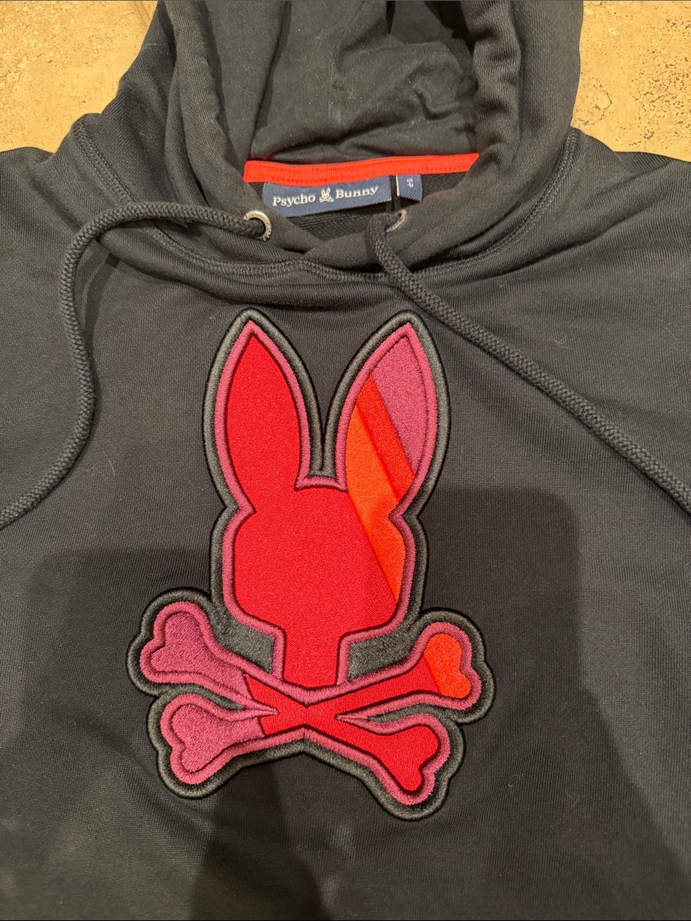 Psycho Bunny Black Hoodie with Red and Pink Bunny Patch size small